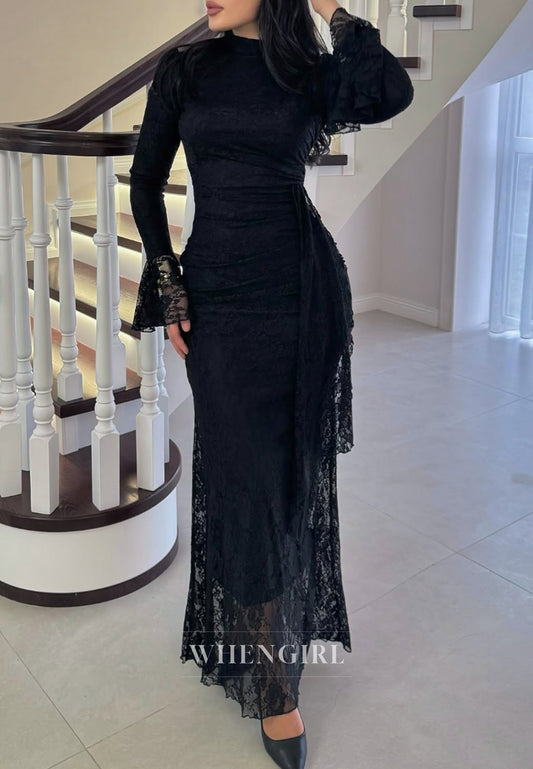 Black Ankle Length Long Sleeves Lace Sheath Evening Formal Dress