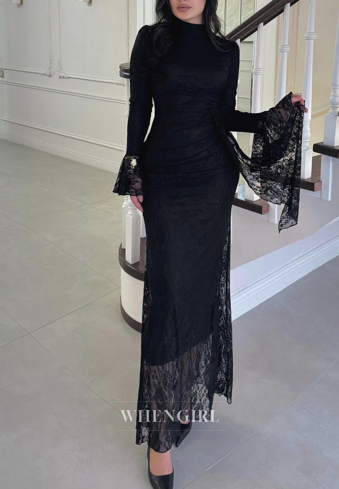 Black Ankle Length Long Sleeves Lace Sheath Evening Formal Dress