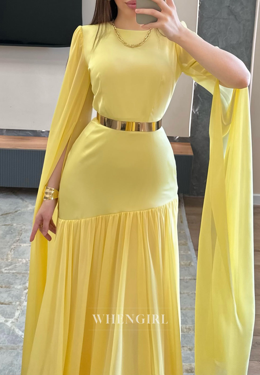 Sheath Bateau Neck Long Sleeves Pleated Chiffon Evening Formal Dress