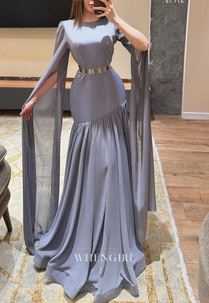 Sheath Bateau Neck Long Sleeves Pleated Chiffon Evening Formal Dress