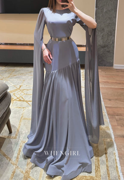 Sheath Bateau Neck Long Sleeves Pleated Chiffon Evening Formal Dress
