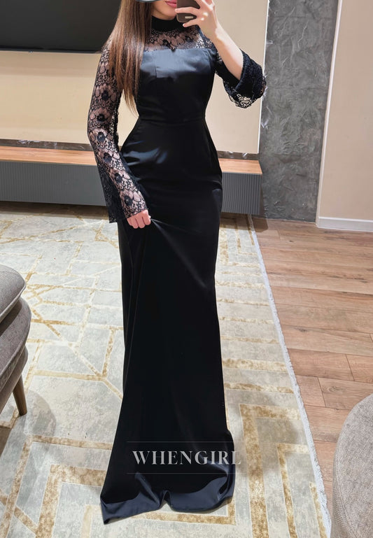 Sheath High Neck Long Sleeves Long Evening Formal Dress