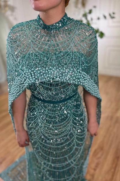 High Neck Sheath Pearls Prom Dresses With Cape Long Sequins Beads