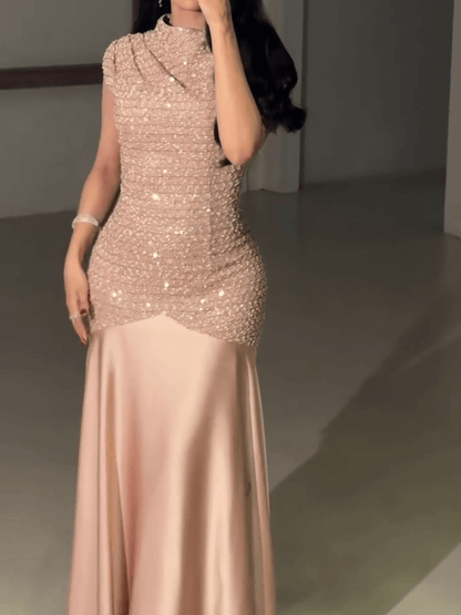 Elegant Sleeveless Formal Gown with Sparkling Beaded Bodice