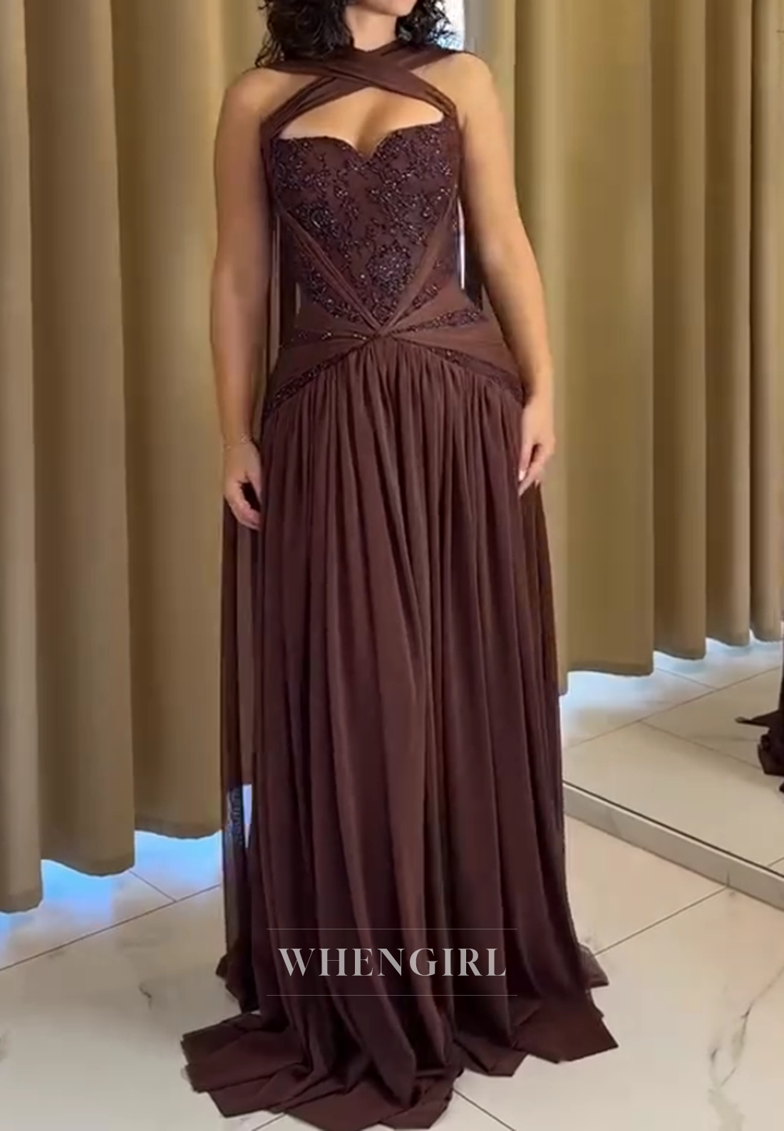 Chocolate Cross Neck Sleeveless Beaded Pleated Column Evening Formal Dress
