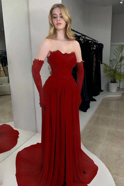 Column Strapless Fitted Prom Dress in Chiffon Pleated with Lace