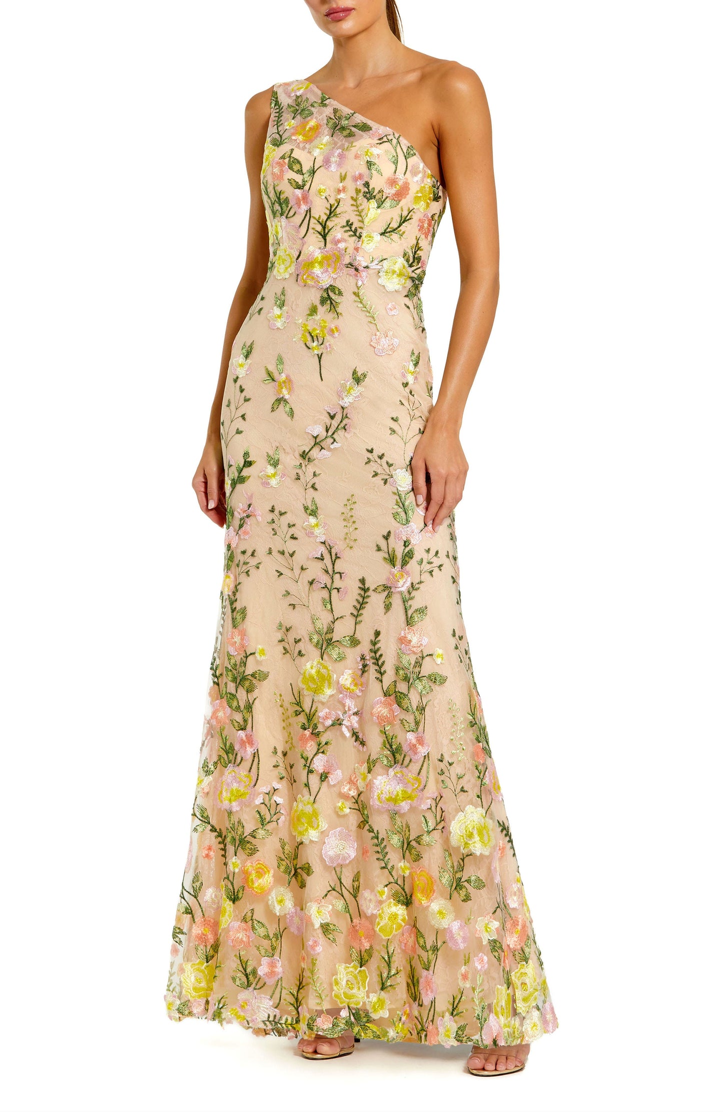 Yellow Floral One Shoulder Lace Embroidered Mother of the Bride Gown