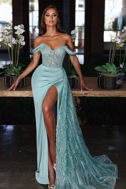Light Blue Off the Shoulder Mermaid Evening Dress Long Split With Sequins