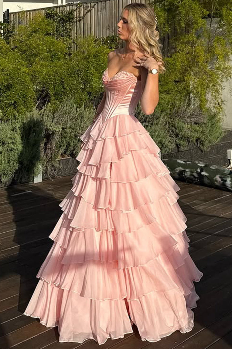 Cute A Line Sweetheart Blush Pink Tiered Chiffon Prom Dresses with Slit