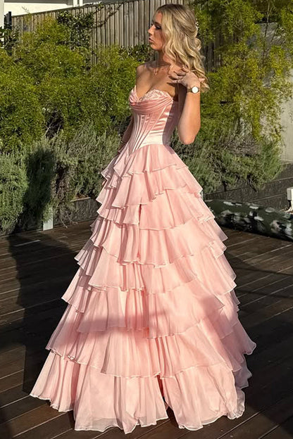 Cute A Line Sweetheart Blush Pink Tiered Chiffon Prom Dresses with Slit