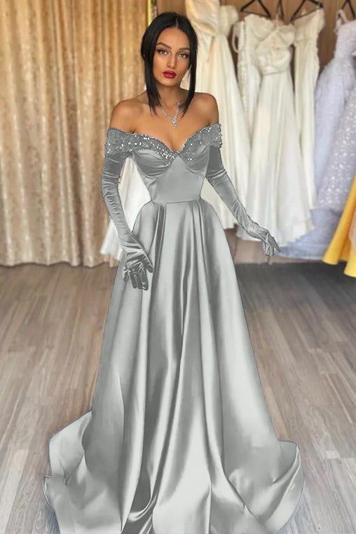 Glamorous Black Off the Shoulder Long Sleeves A Line Evening Dress with Appliques