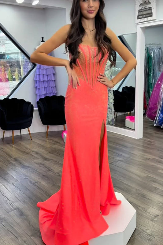 Sparkly Mermaid Scoop Neck Coral Hot Fix Satin Prom Dress with Slit