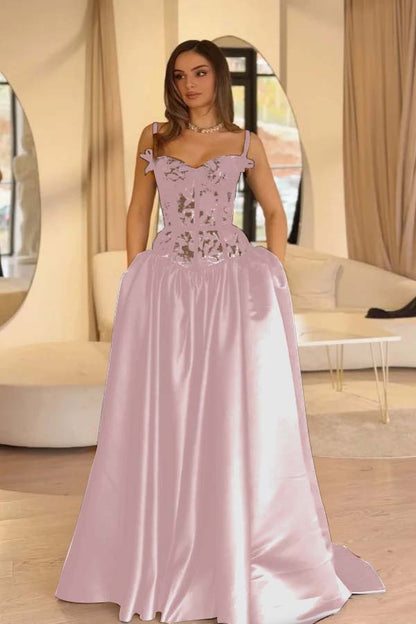 Pleated Lace Elegant Spaghetti-Straps Sleeveless Black Evening Dress