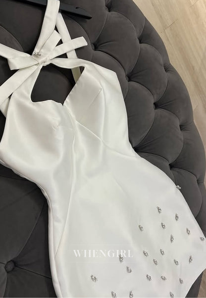 Ivory Sheath Cross Neck Bowknot Beaded Satin Short Homecoming Dress