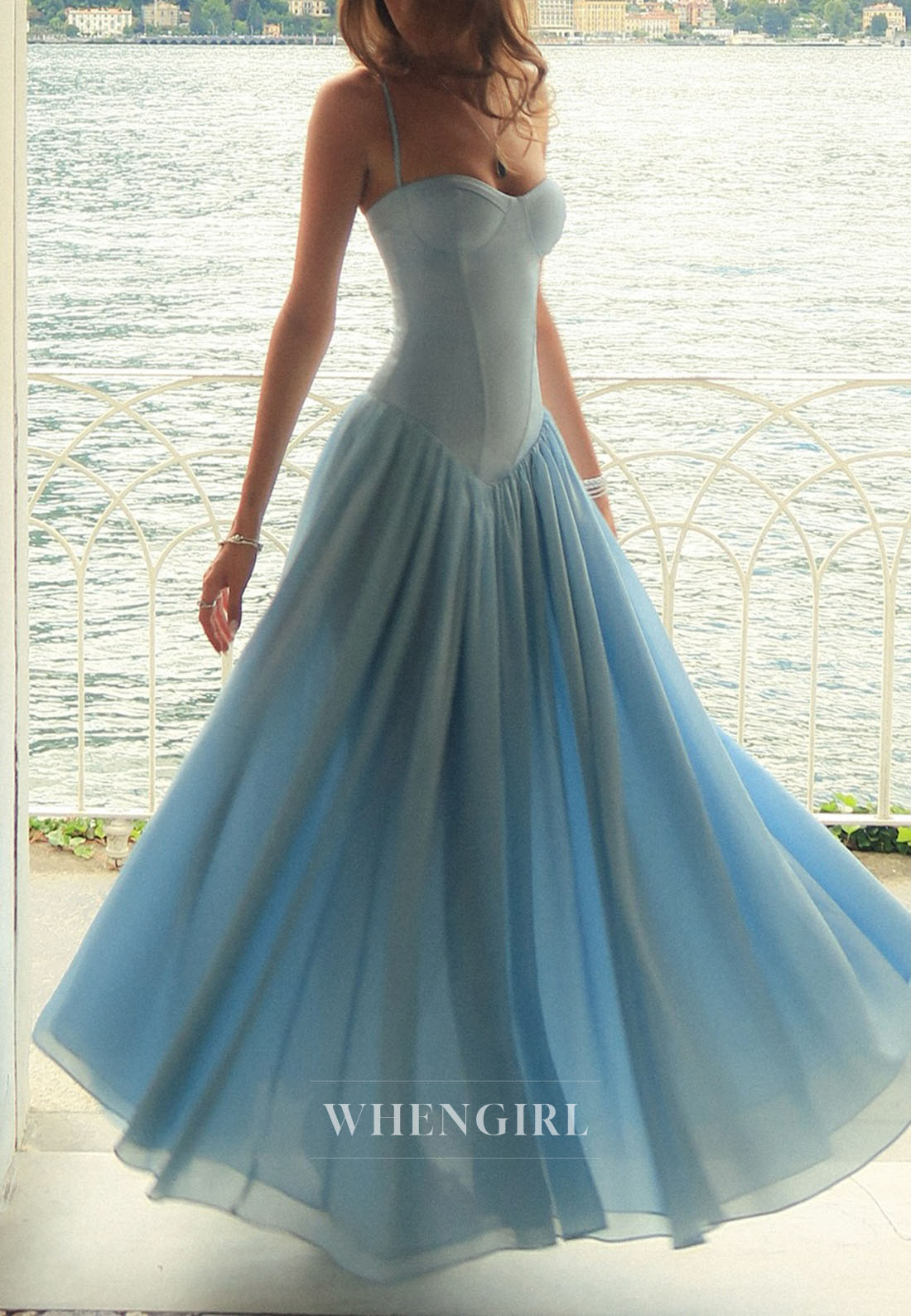 A-Line Sky Blue Sweetheart Spaghetti Straps Lace Up Formal Gown