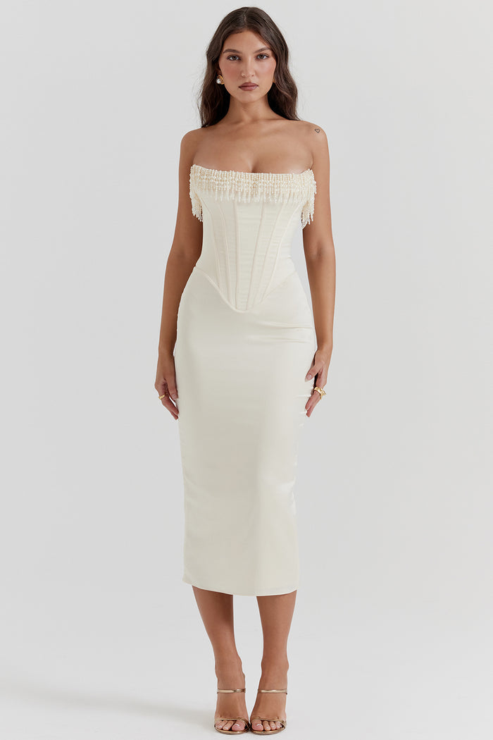 Strapless Pearls Tassel Sheath Midi Dress
