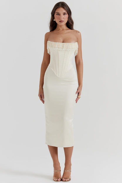 Strapless Pearls Tassel Sheath Midi Dress