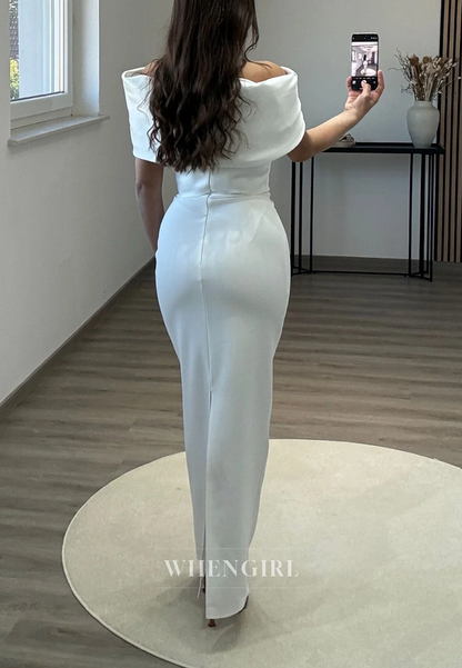 Off Shoulder Pleated Sheath Ankle Length Sleevelesss Back Zipper Formal Evening Dress