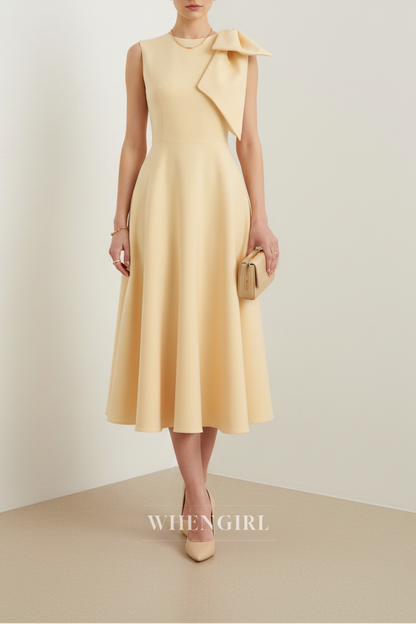 Yellow Sleeveless Bowknot A-Line Midi Dress
