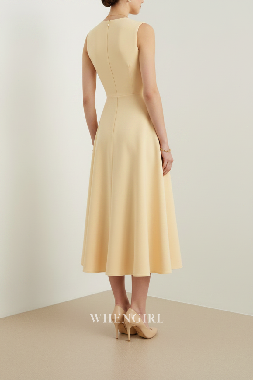 Yellow Sleeveless Bowknot A-Line Midi Dress