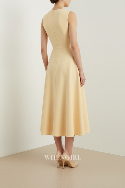 Yellow Sleeveless Bowknot A-Line Midi Dress