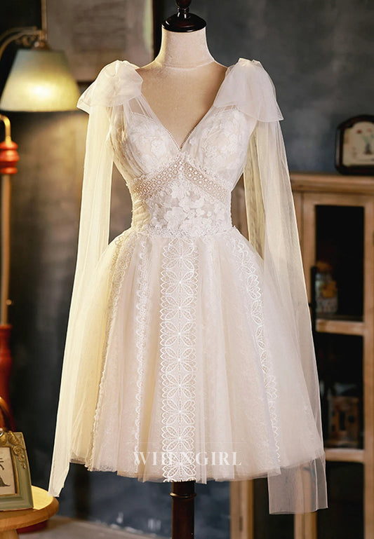 Ball Gown V Neck Lace Bowknot Boho Short Wedding Dress