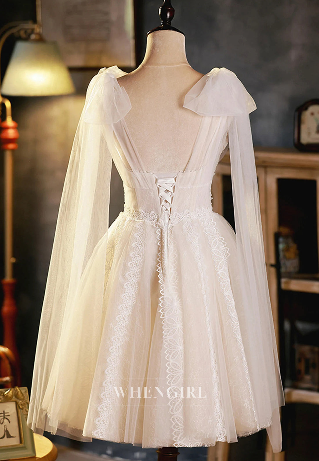 Ball Gown V Neck Lace Bowknot Boho Short Wedding Dress
