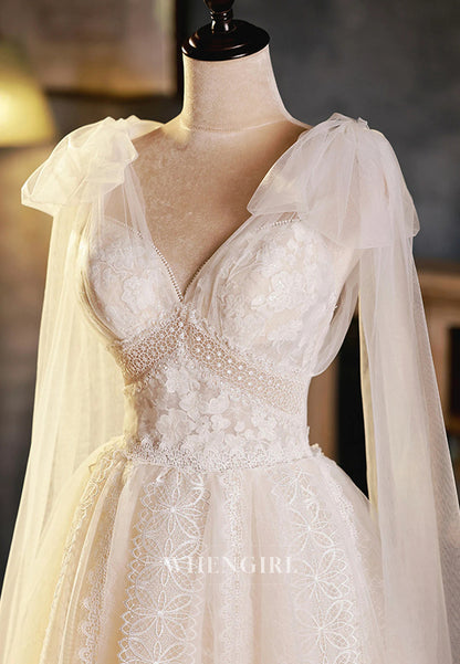 Ball Gown V Neck Lace Bowknot Boho Short Wedding Dress