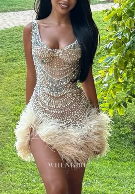 Sheath Beaded Feather Side Slit Sleeveless Scoop Neck Homecoming Dress