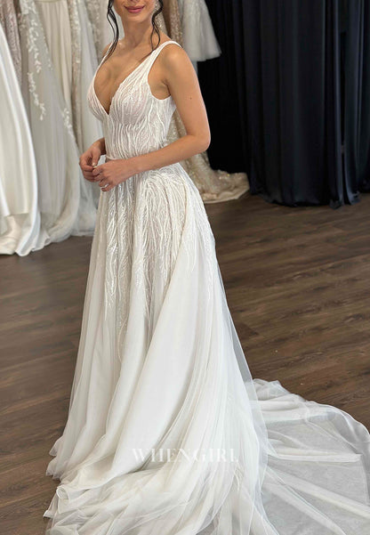 V Neck Sleeveelss Beaded Straps Vine Sweep Train A-Line Wedding Dress