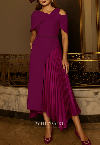 Asymmetrical Neck Short Sleeves Pleated Mother of the Bride Dress