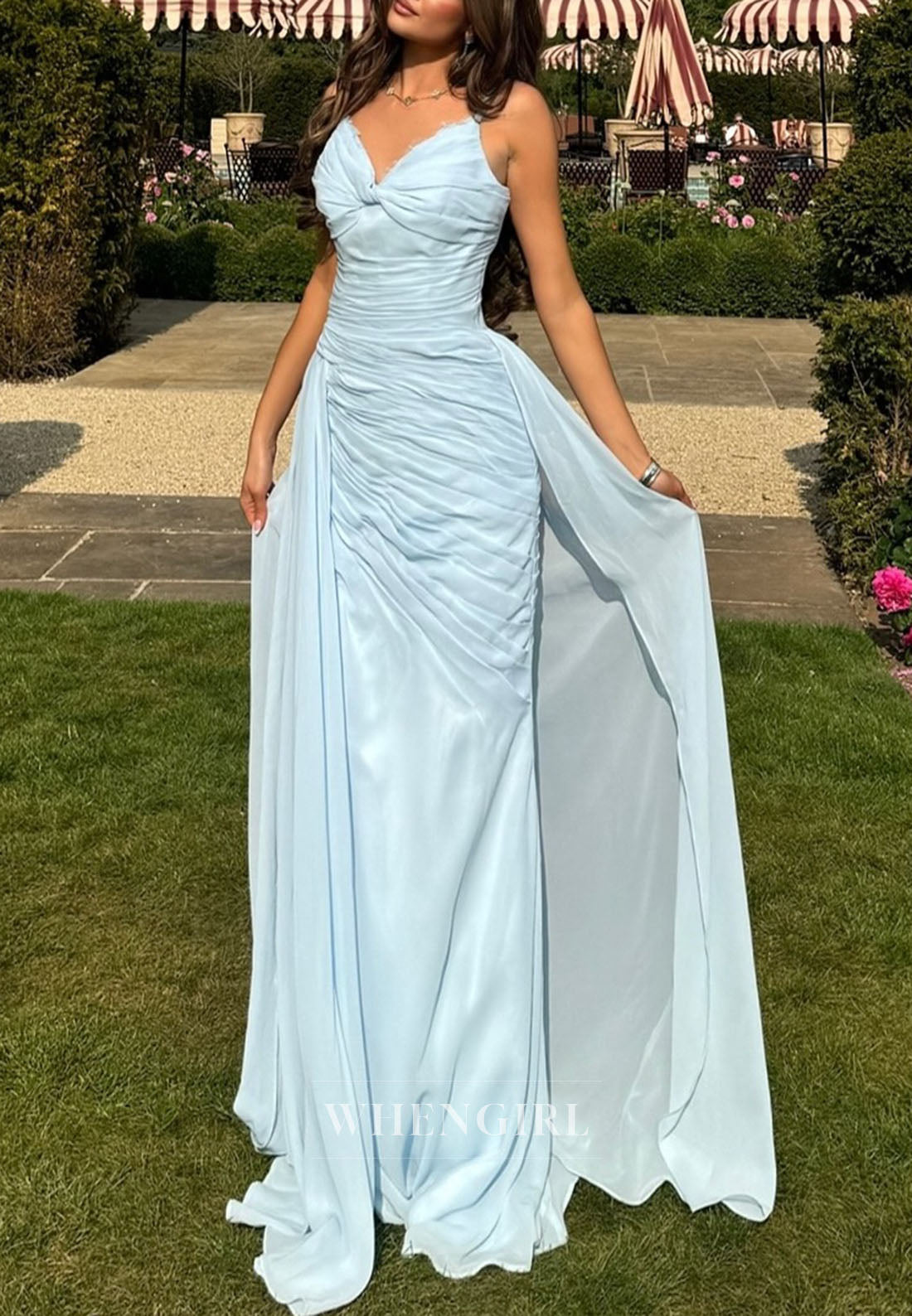Light Blue V Neck Spaghetti Straps Ruched Sheath Floor Length Evening Dress