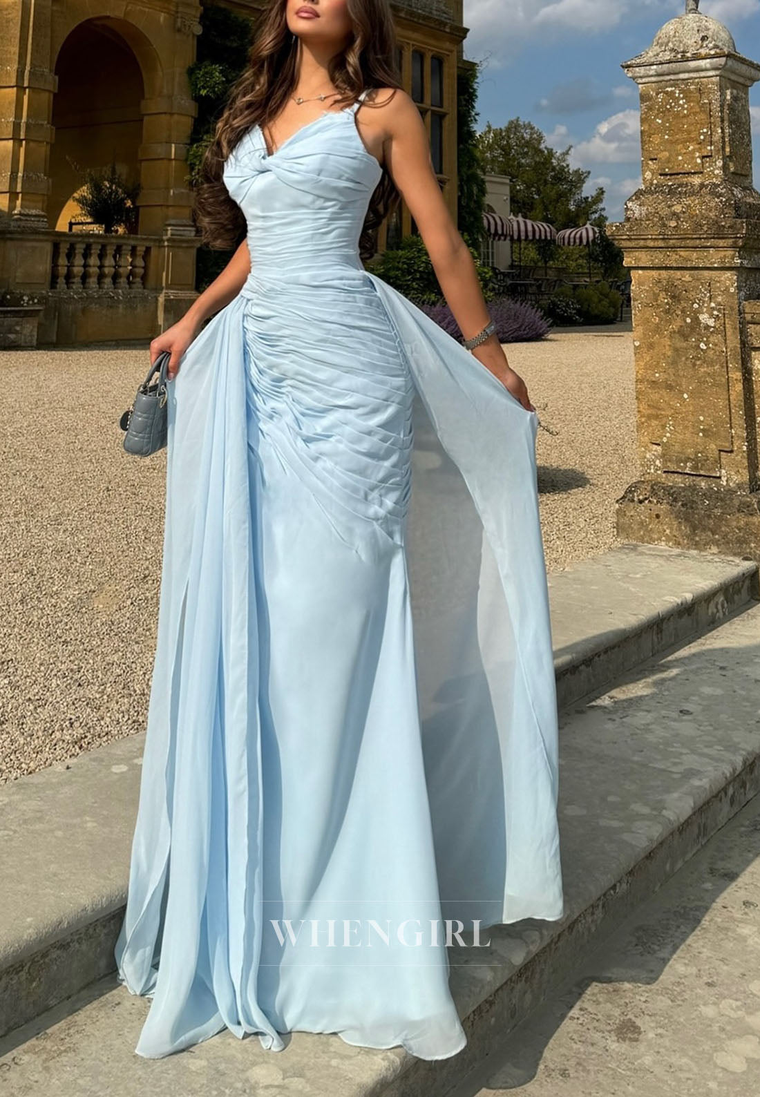 Light Blue V Neck Spaghetti Straps Ruched Sheath Floor Length Evening Dress