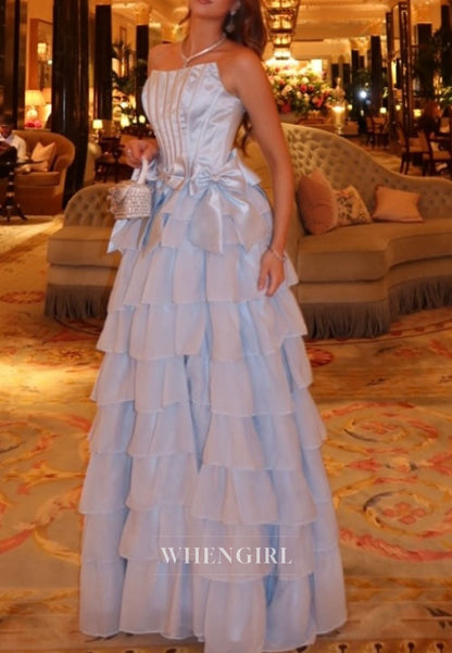 Blue A-Line Multi Tiered Ruffles Bowknots Side Slit Prom Dress