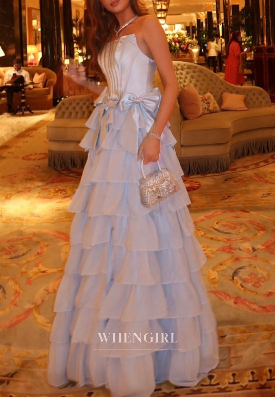 Blue A-Line Multi Tiered Ruffles Bowknots Side Slit Prom Dress