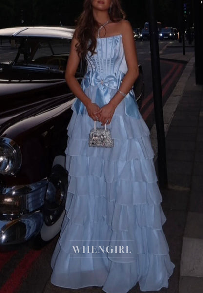 Blue A-Line Multi Tiered Ruffles Bowknots Side Slit Prom Dress