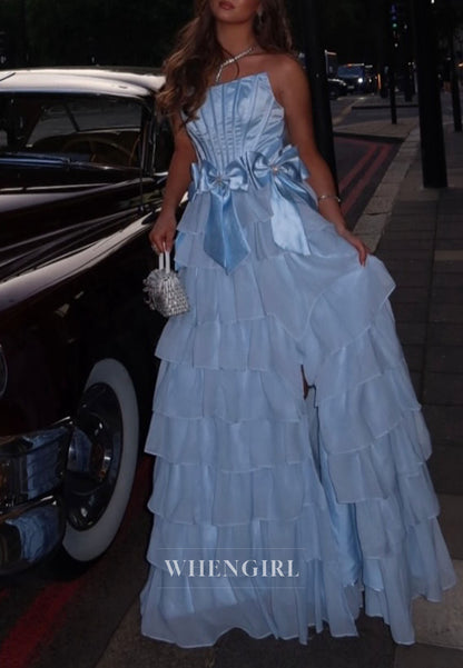 Blue A-Line Multi Tiered Ruffles Bowknots Side Slit Prom Dress