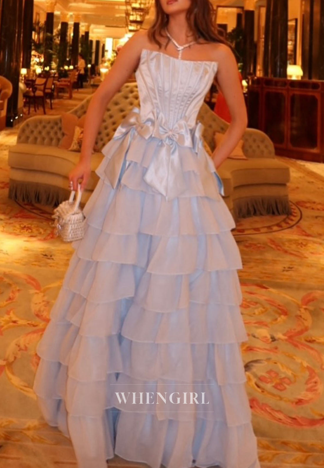 Blue A-Line Multi Tiered Ruffles Bowknots Side Slit Prom Dress