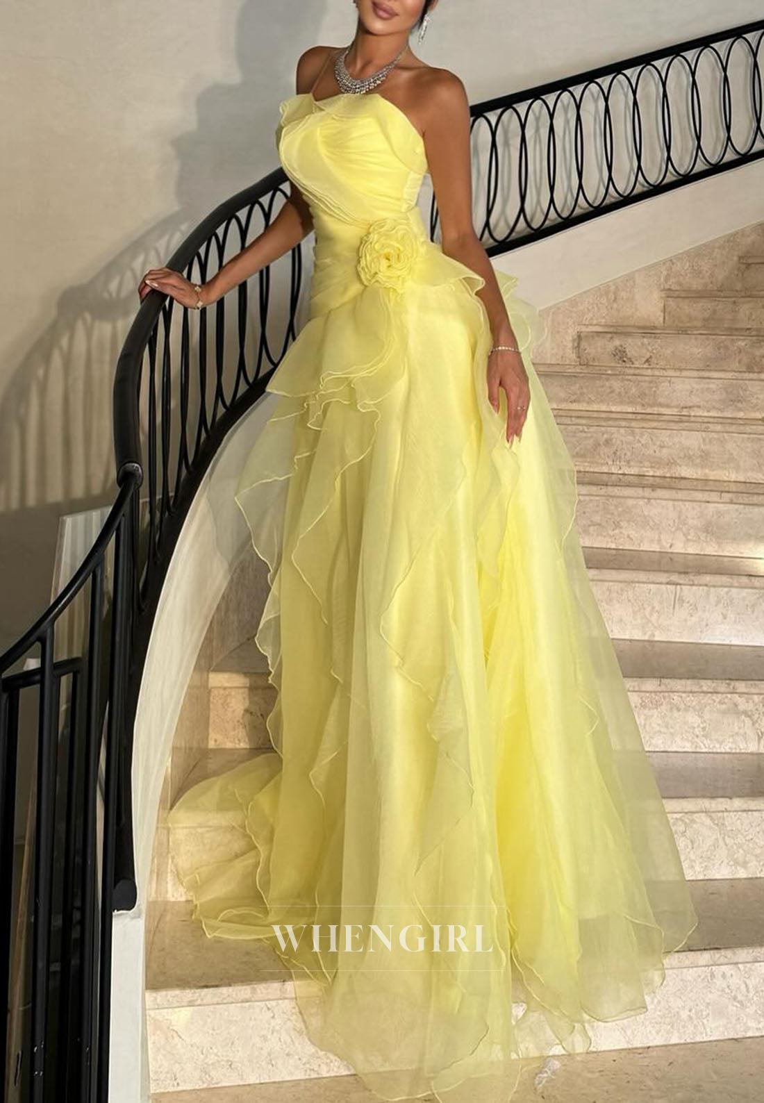 Yellow Tube Top Sleeveless Ruffles A-Line Prom Dress Evening Dress
