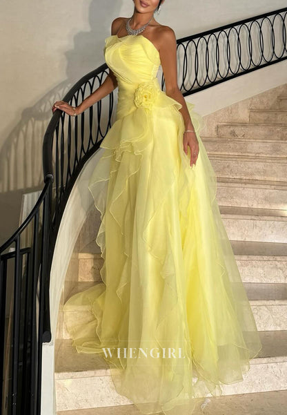 Yellow Tube Top Sleeveless Ruffles A-Line Prom Dress Evening Dress