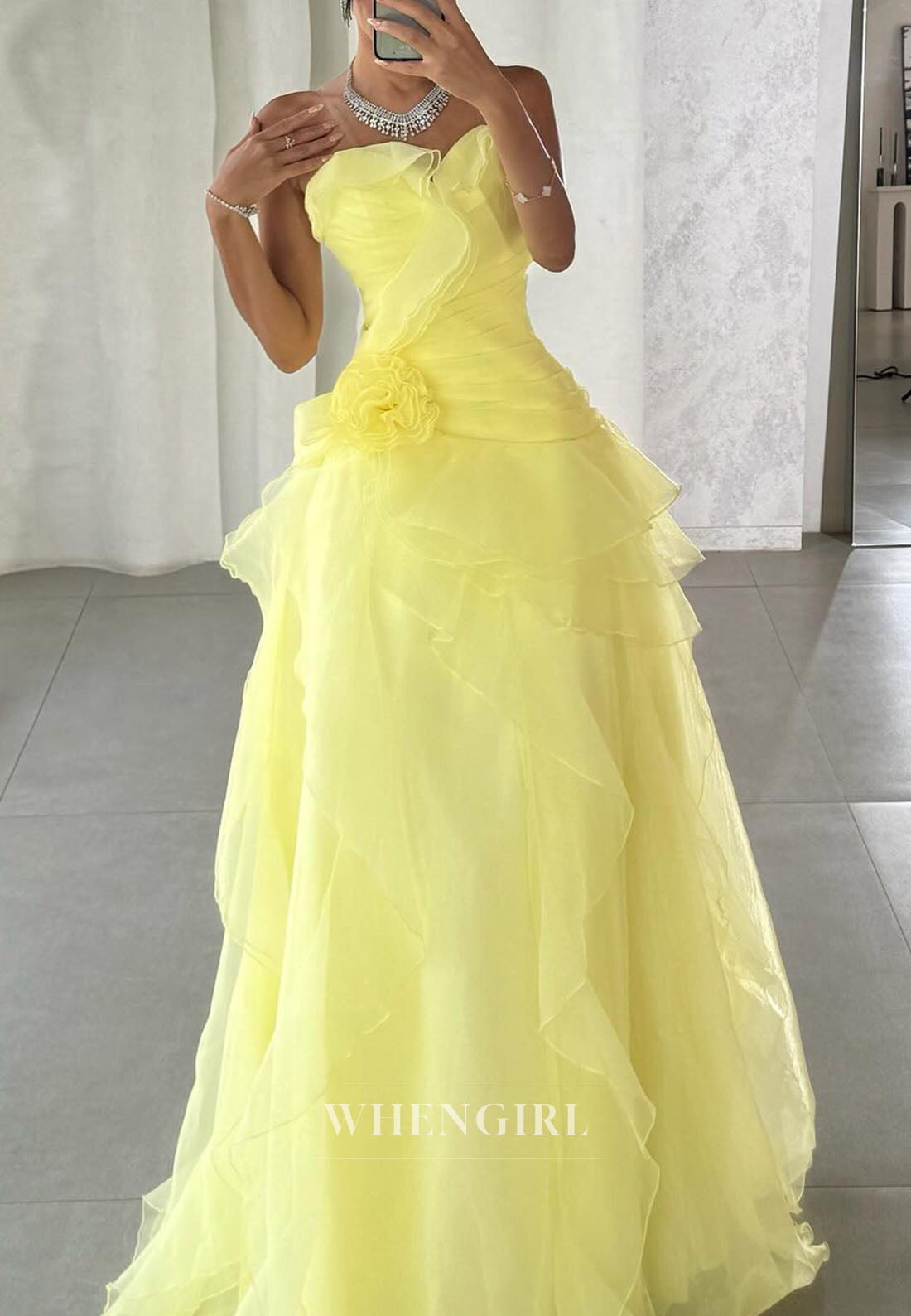 Yellow Tube Top Sleeveless Ruffles A-Line Prom Dress Evening Dress
