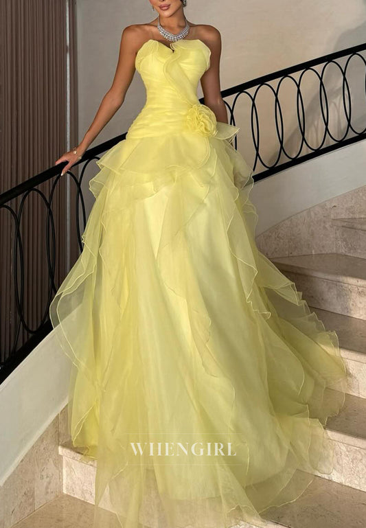 Yellow Tube Top Sleeveless Ruffles A-Line Prom Dress Evening Dress