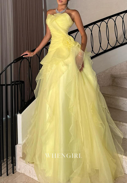 Yellow Tube Top Sleeveless Ruffles A-Line Prom Dress Evening Dress