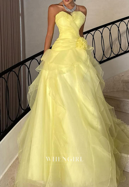 Yellow Tube Top Sleeveless Ruffles A-Line Prom Dress Evening Dress