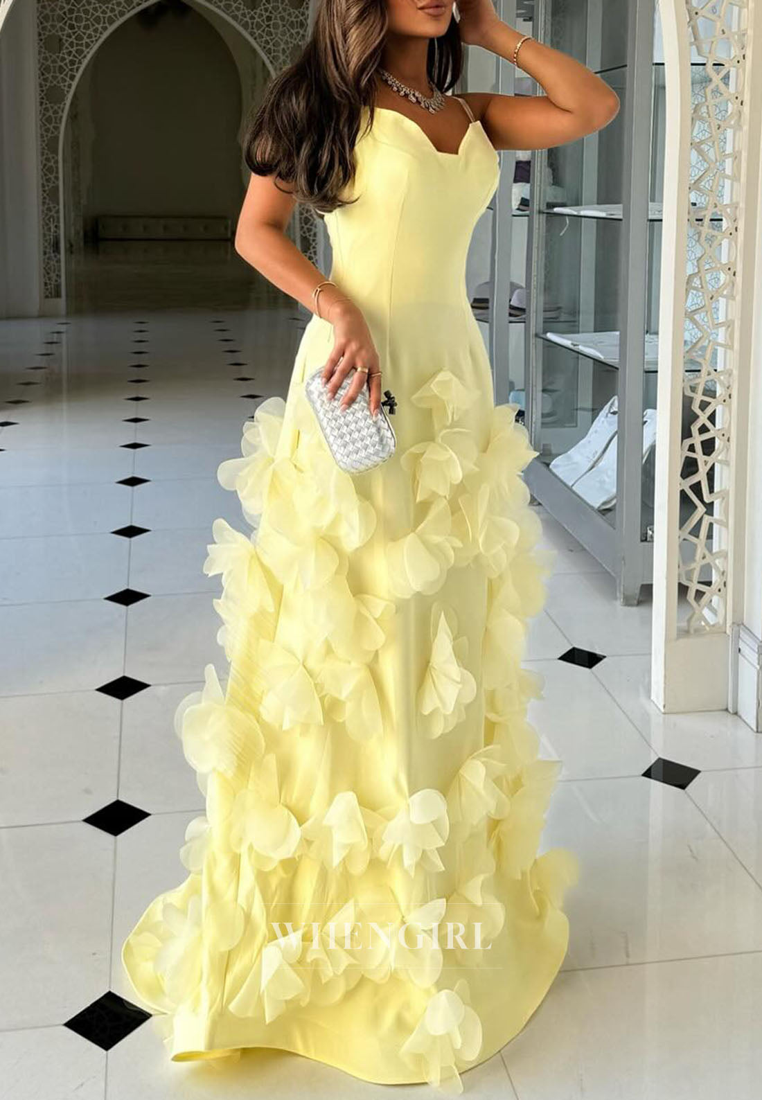 Yellow Column Floral Sleeveless Sweetheart Floor Length Prom Dress