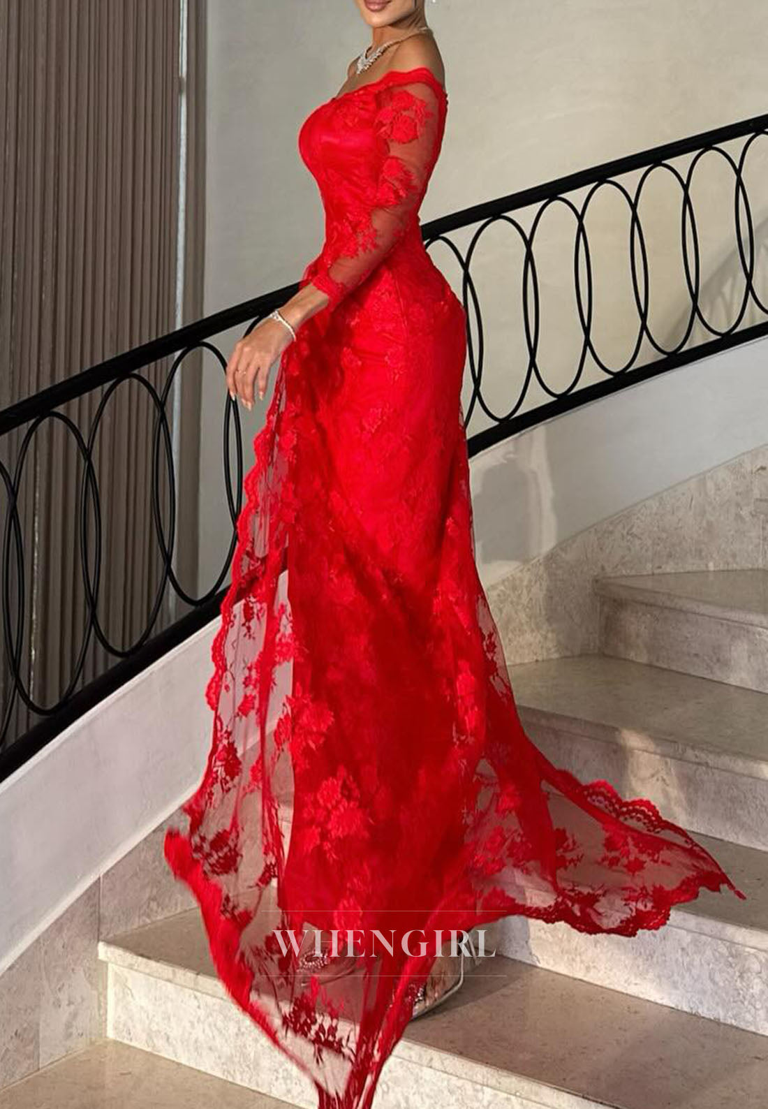 Sheath Red Lace Long Sleeves Off Shoulder Ruched Side Slit