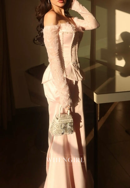 Pink Sheath Off Shoulder Beaded Long Sleeves Floor Length Evening Formal Dress