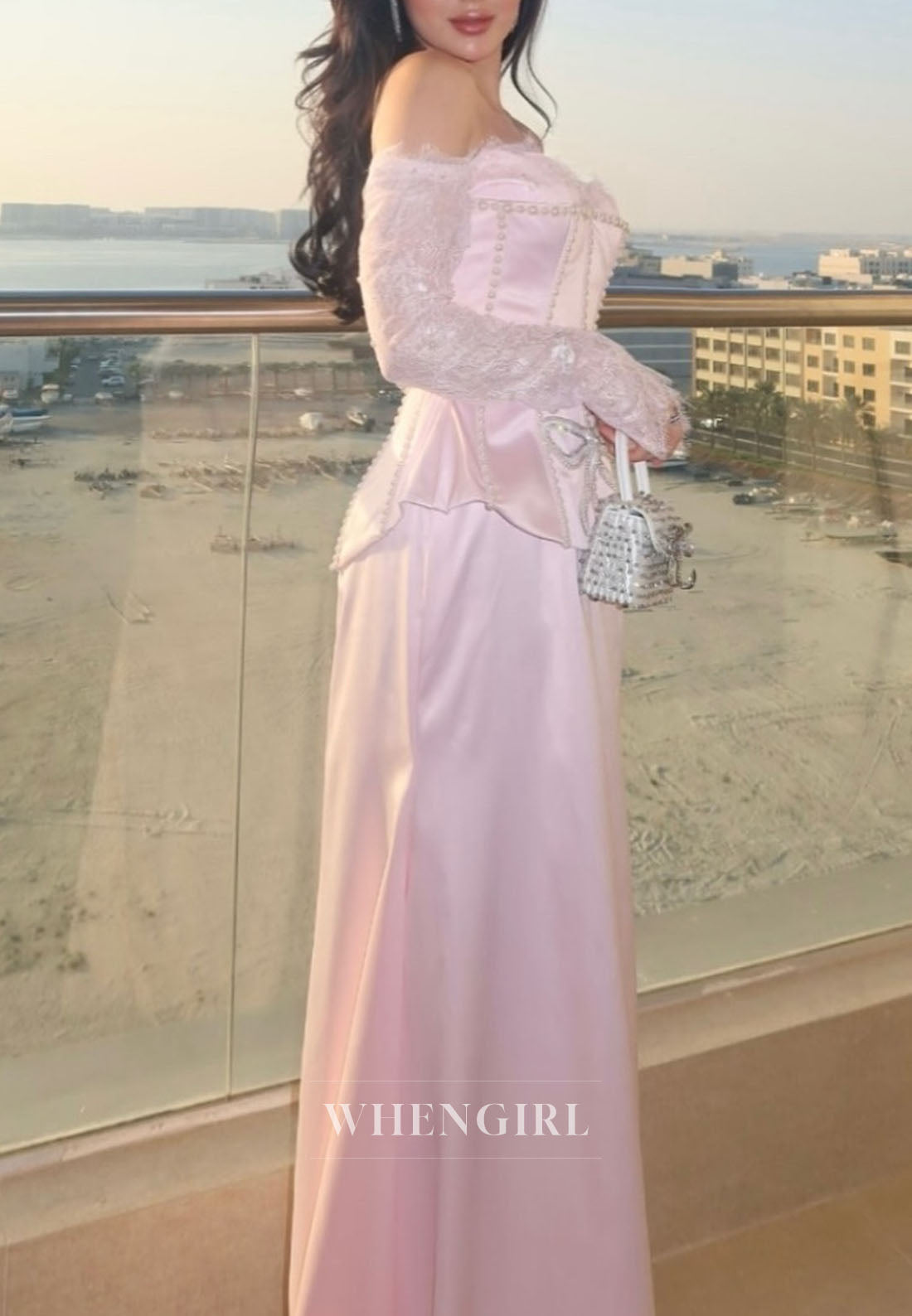 Pink Sheath Off Shoulder Beaded Long Sleeves Floor Length Evening Formal Dress