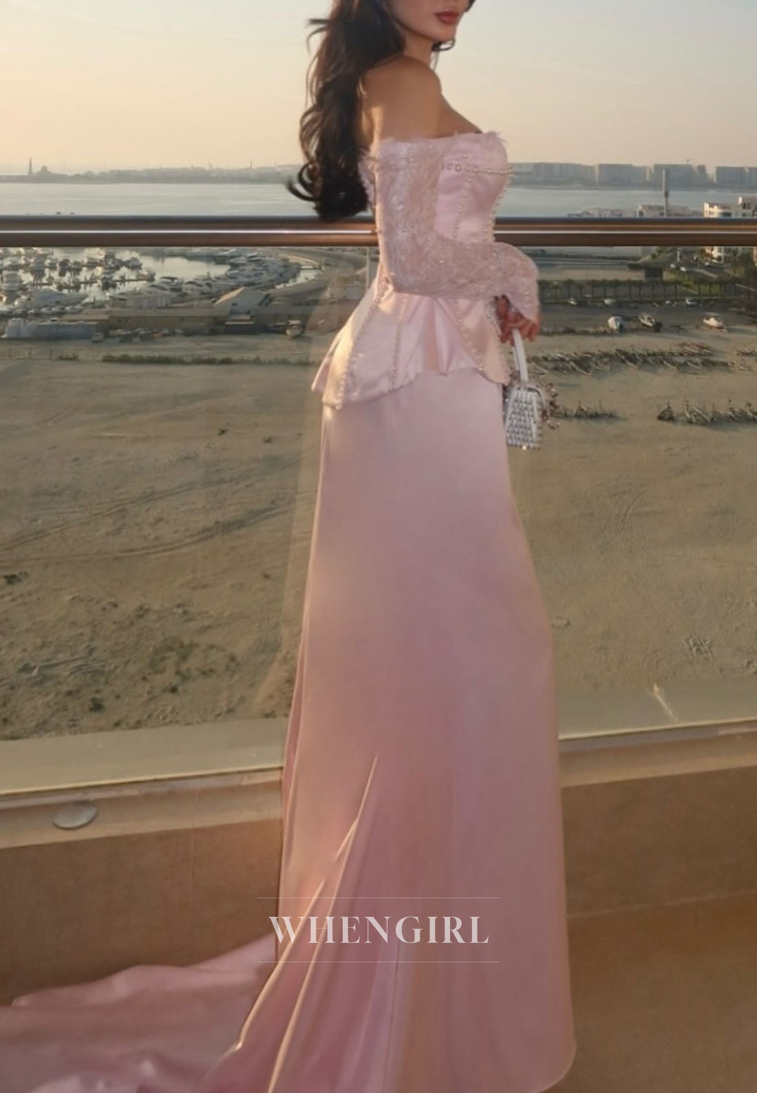 Pink Sheath Off Shoulder Beaded Long Sleeves Floor Length Evening Formal Dress