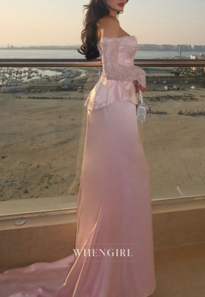 Pink Sheath Off Shoulder Beaded Long Sleeves Floor Length Evening Formal Dress